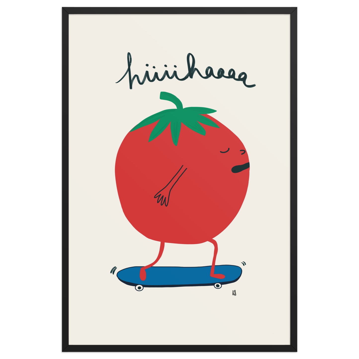 alt="Póster infantil tomate en monopatín sobre papel mate grueso – decoración divertida y original"