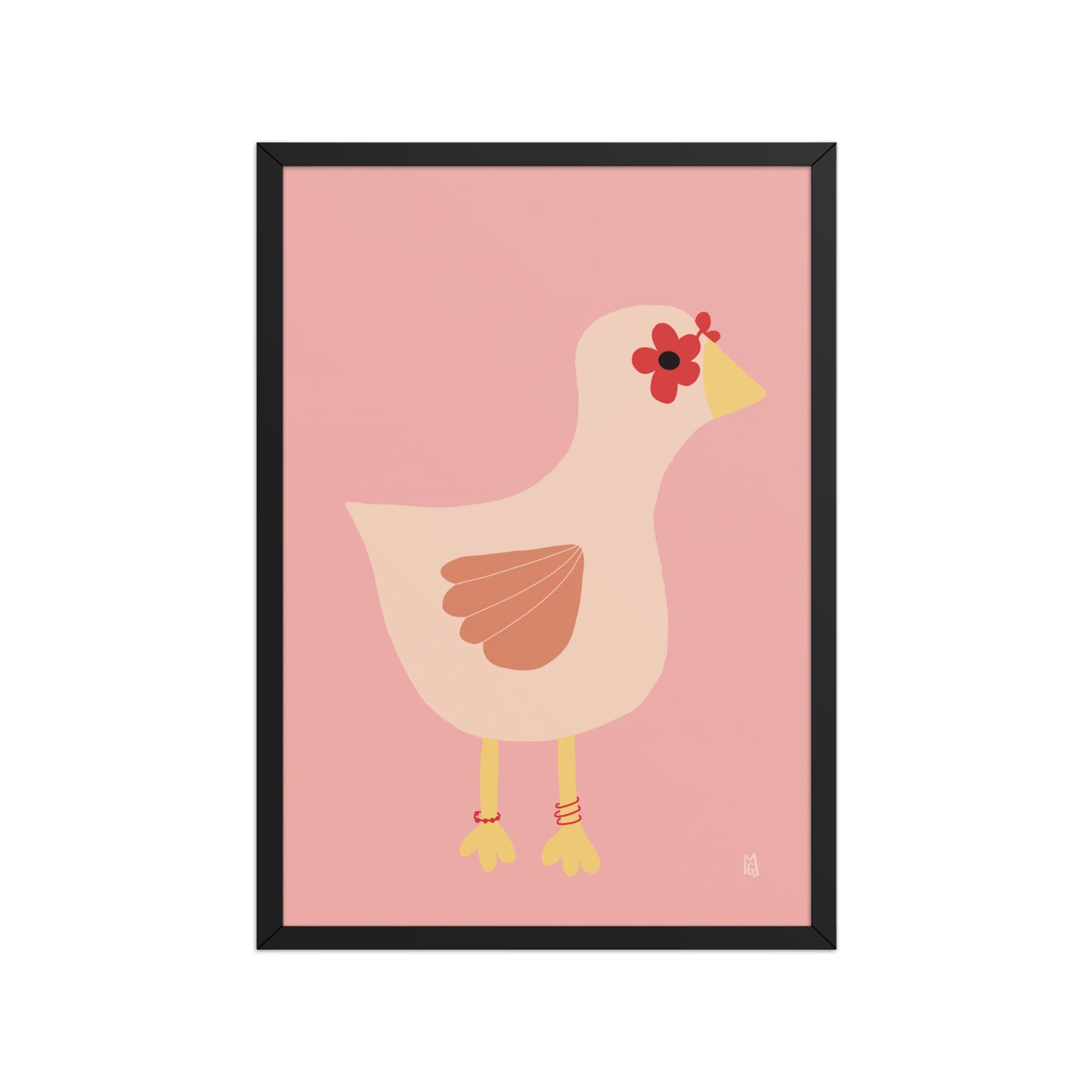 alt="Póster infantil gallina con gafas y flores rojas sobre papel mate grueso – decoración divertida y original"