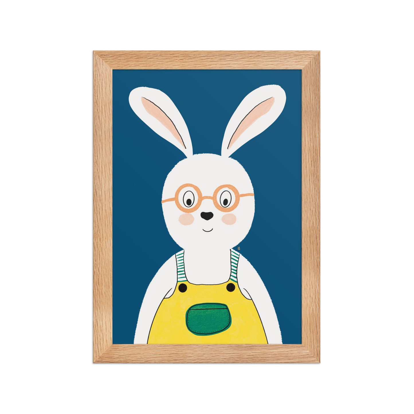 alt="Póster infantil conejo con salopeta y gafas sobre papel mate grueso – decoración adorable para cuarto de niños"