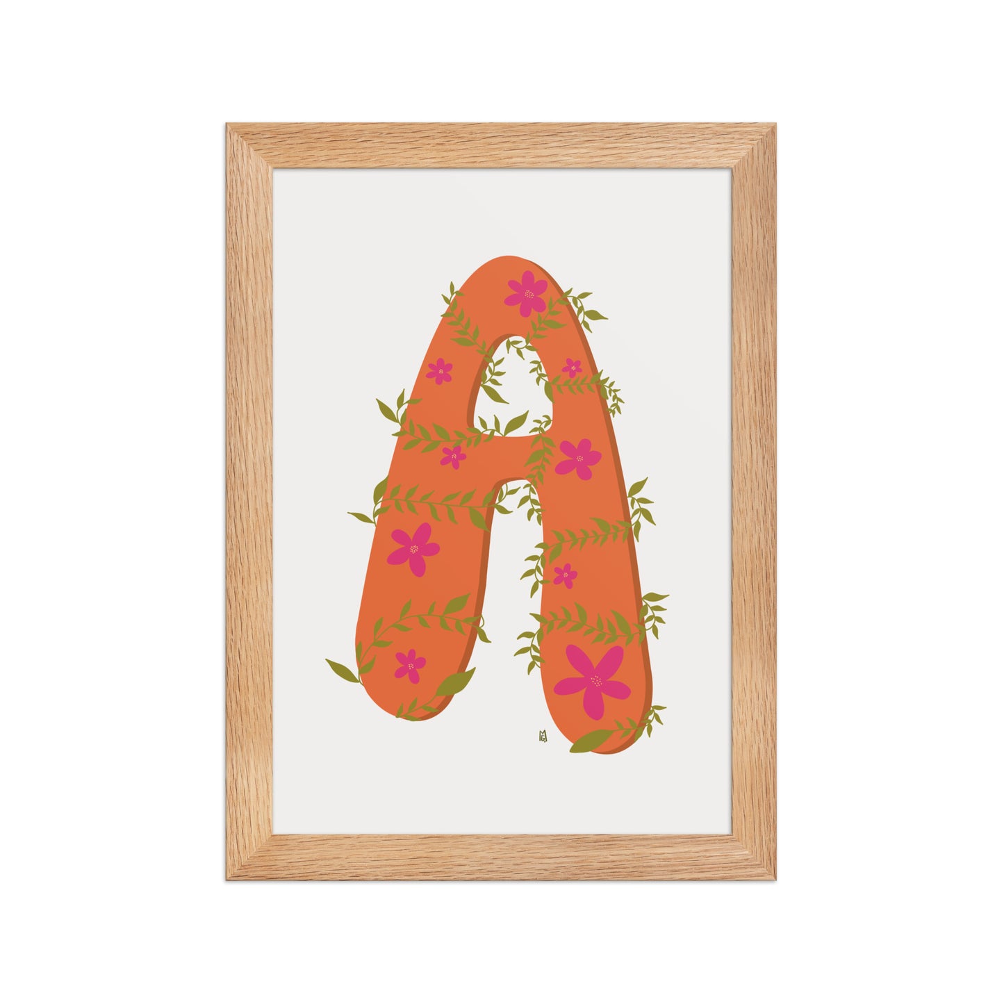 alt="Póster decorativo letra A naranja con hojas y flores sobre papel mate grueso – decoración elegante y creativa"
