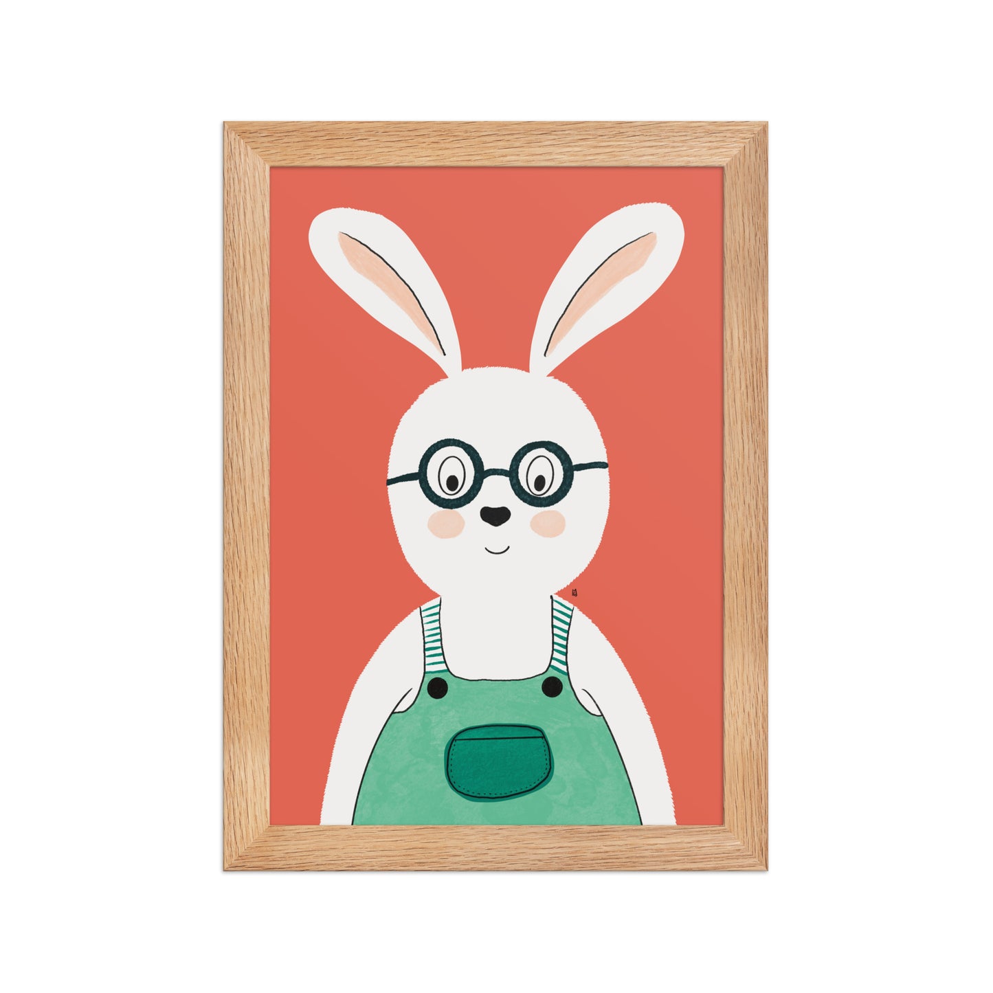 alt="Póster infantil conejo con salopeta y gafas sobre papel mate grueso – decoración adorable para cuarto de niños"