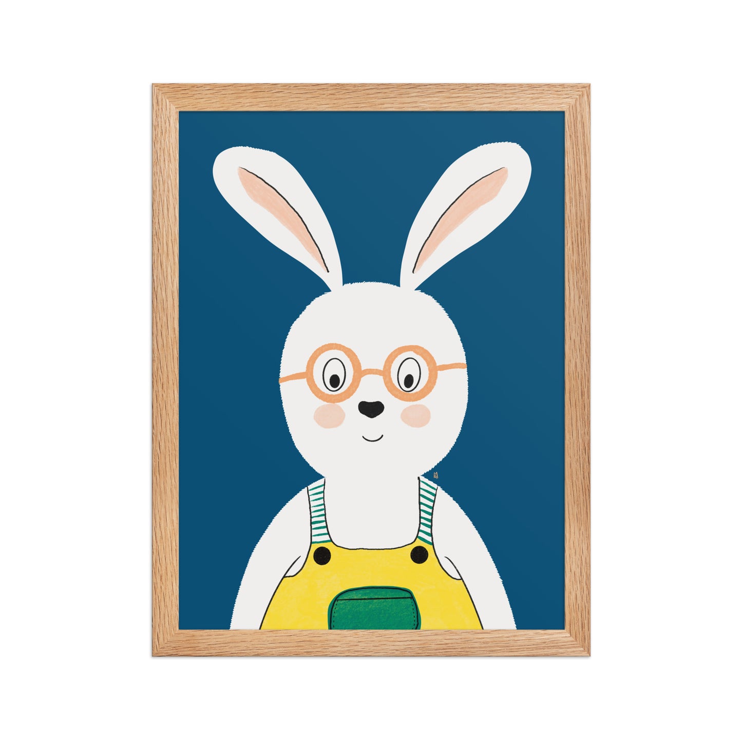 alt="Póster infantil conejo con salopeta y gafas sobre papel mate grueso – decoración adorable para cuarto de niños"