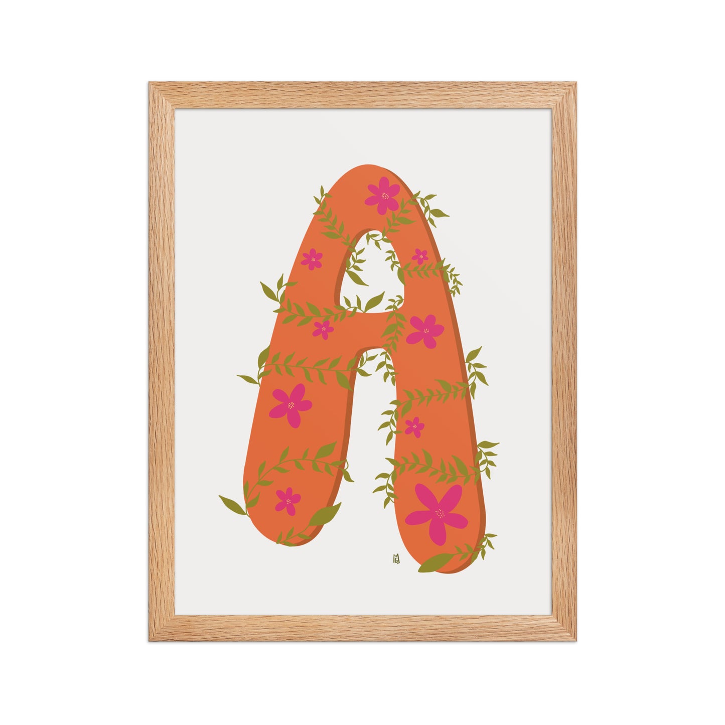 alt="Póster decorativo letra A naranja con hojas y flores sobre papel mate grueso – decoración elegante y creativa"