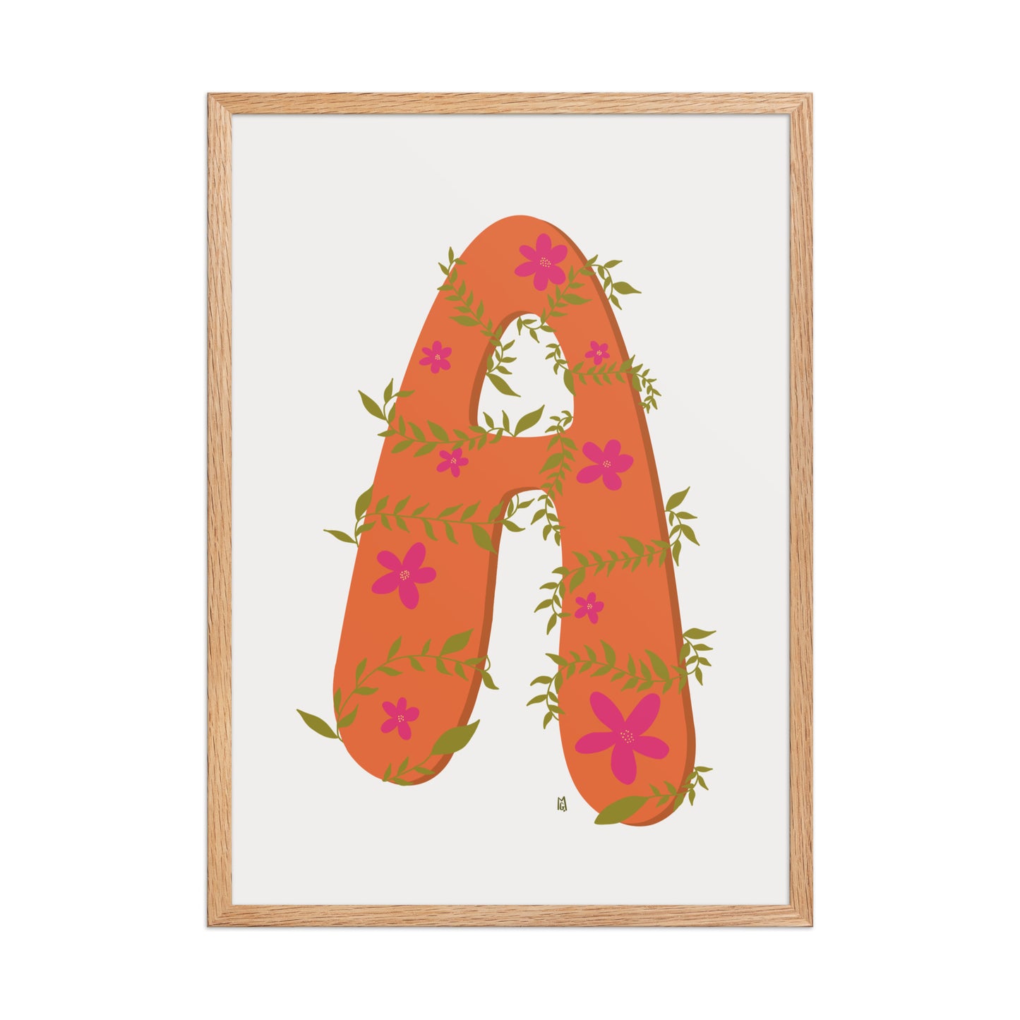 alt="Póster decorativo letra A naranja con hojas y flores sobre papel mate grueso – decoración elegante y creativa"