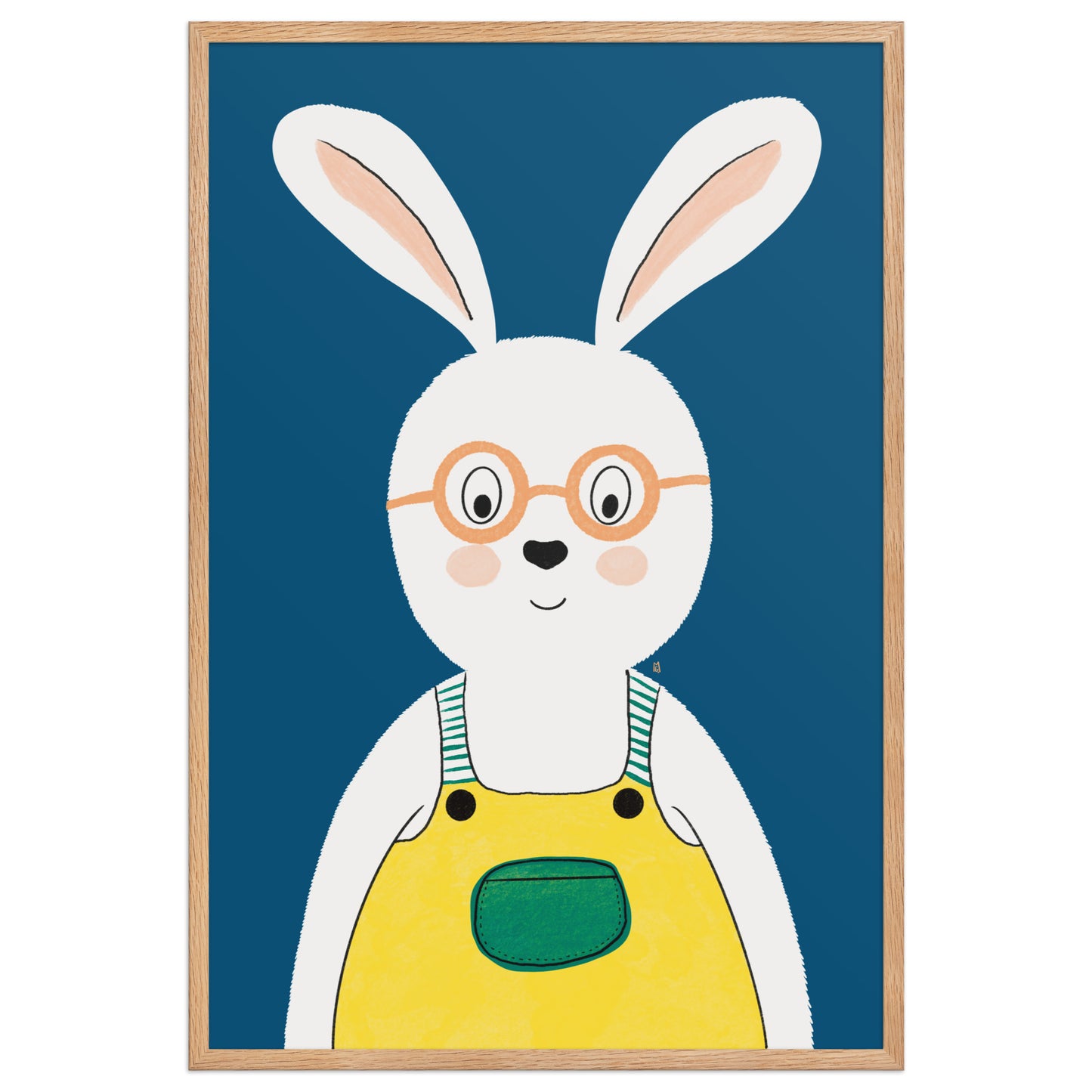 alt="Póster infantil conejo con salopeta y gafas sobre papel mate grueso – decoración adorable para cuarto de niños"