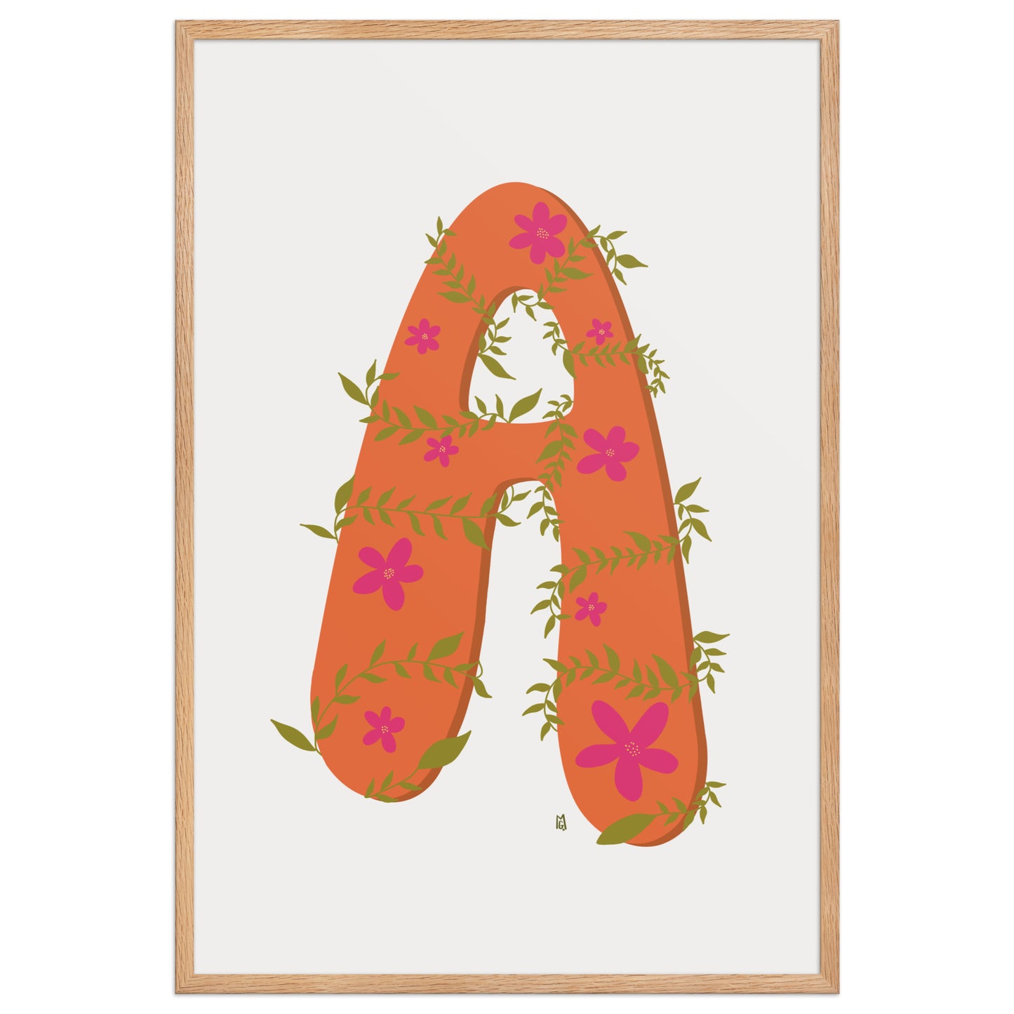alt="Póster decorativo letra A naranja con hojas y flores sobre papel mate grueso – decoración elegante y creativa"