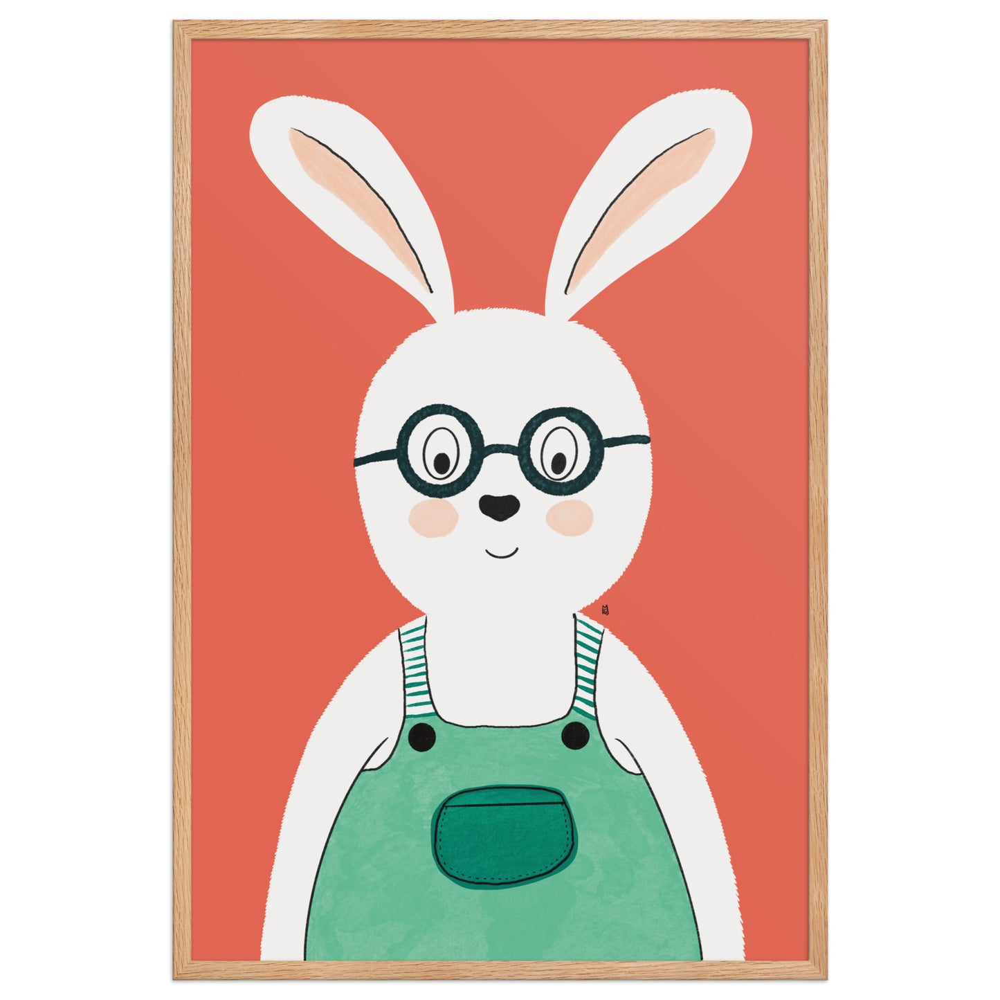 alt="Póster infantil conejo con salopeta y gafas sobre papel mate grueso – decoración adorable para cuarto de niños"