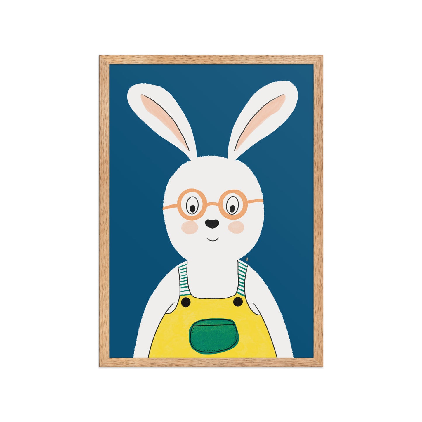 alt="Póster infantil conejo con salopeta y gafas sobre papel mate grueso – decoración adorable para cuarto de niños"
