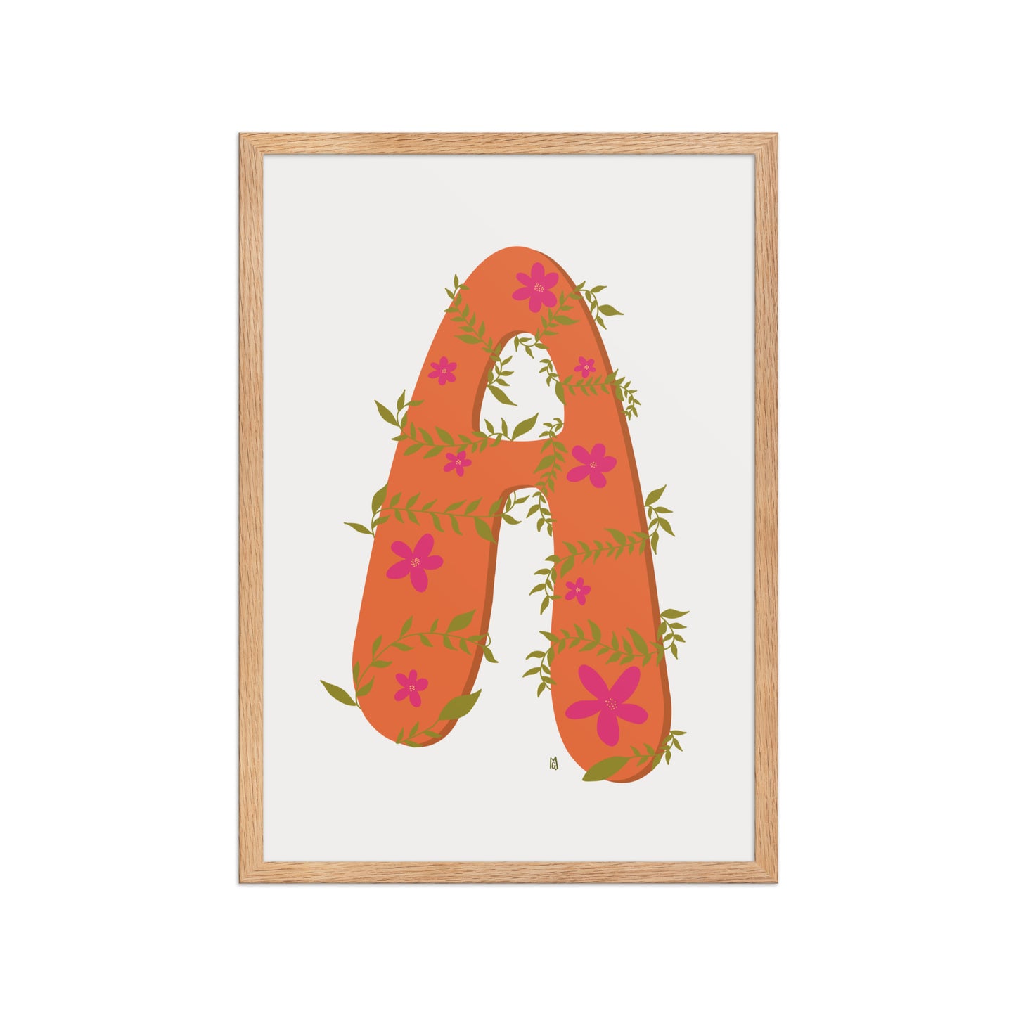 alt="Póster decorativo letra A naranja con hojas y flores sobre papel mate grueso – decoración elegante y creativa"