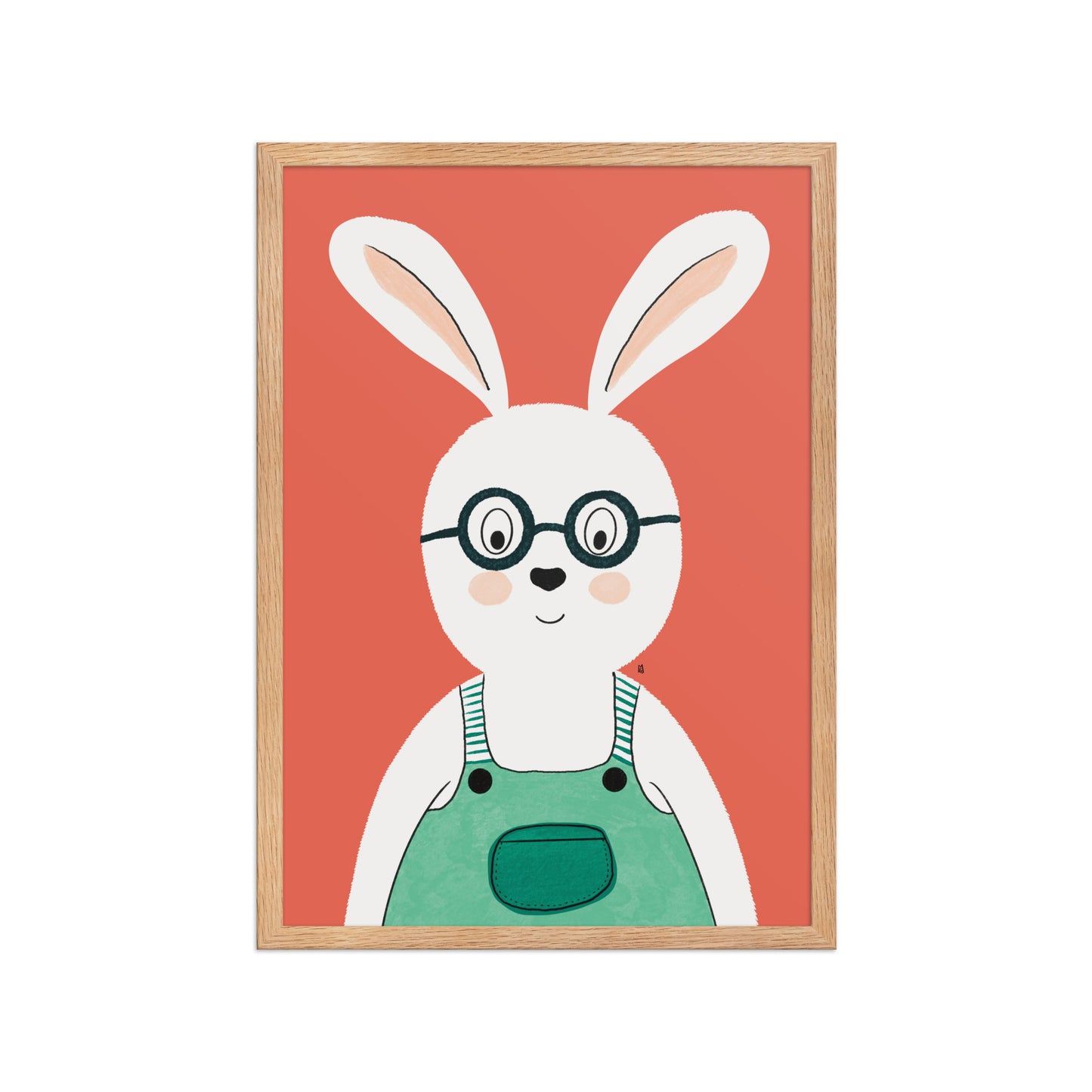 alt="Póster infantil conejo con salopeta y gafas sobre papel mate grueso – decoración adorable para cuarto de niños"