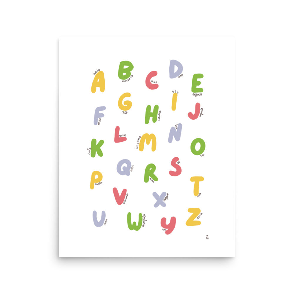 alt="Póster educativo del abecedario español para niños, lámina decorativa infantil"