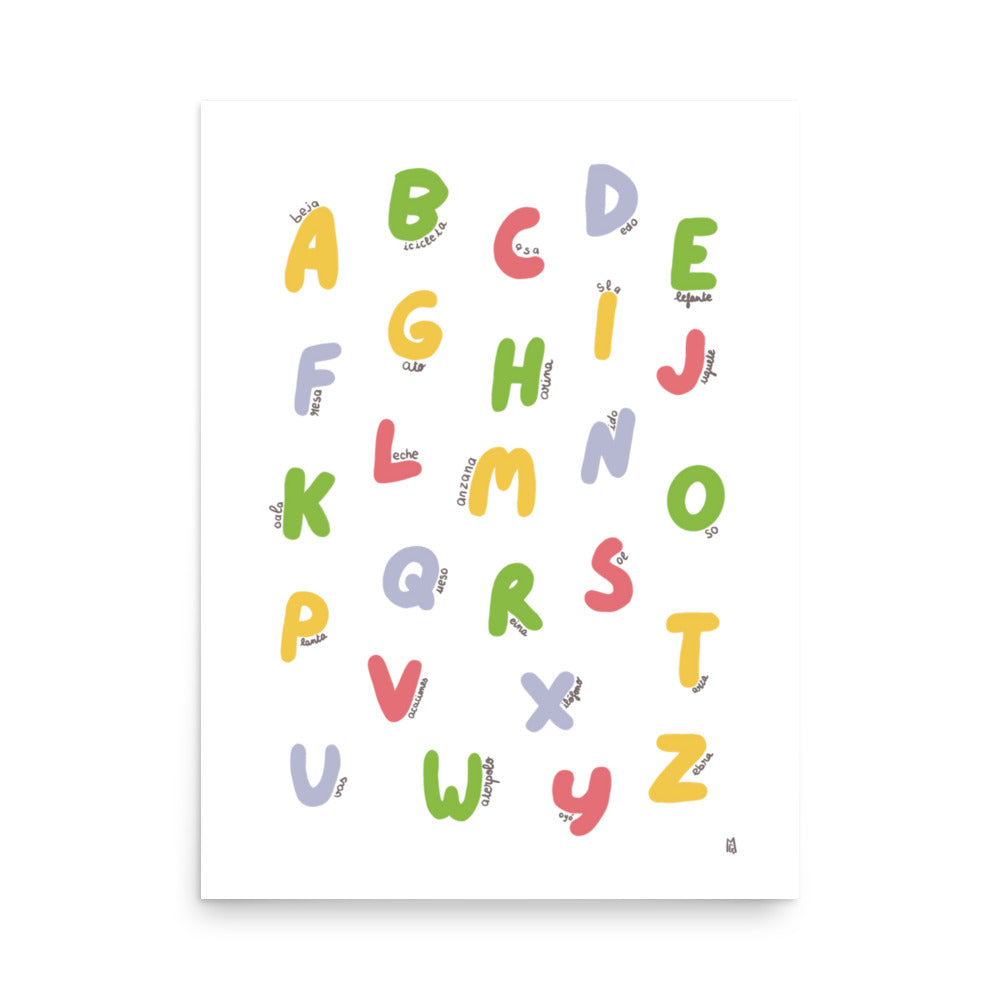 alt="Póster educativo del abecedario español para niños, lámina decorativa infantil"