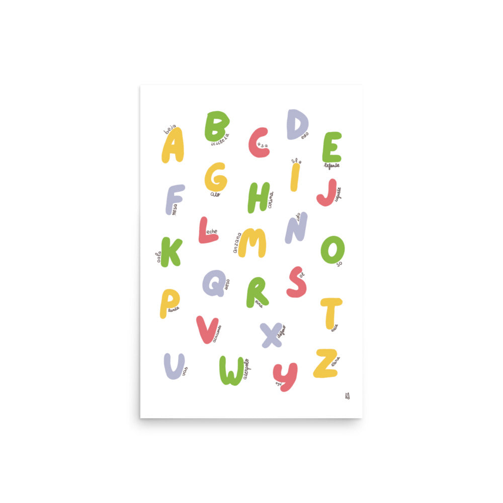 alt="Póster educativo del abecedario español para niños, lámina decorativa infantil"