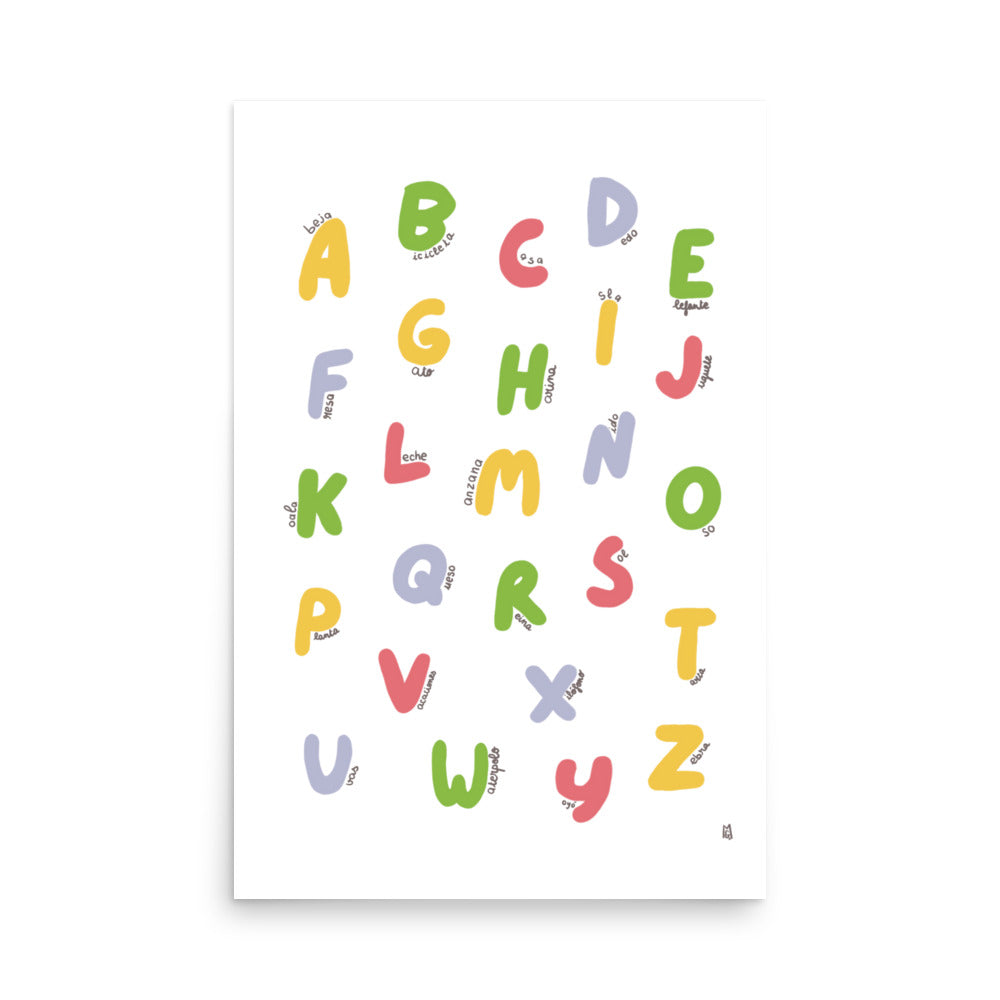 alt="Póster educativo del abecedario español para niños, lámina decorativa infantil"