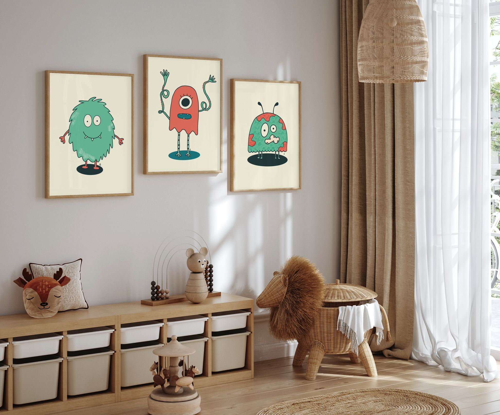 alt="Póster infantil Monstruos adorables en papel mate grueso – decoración divertida y original para habitación de niños"