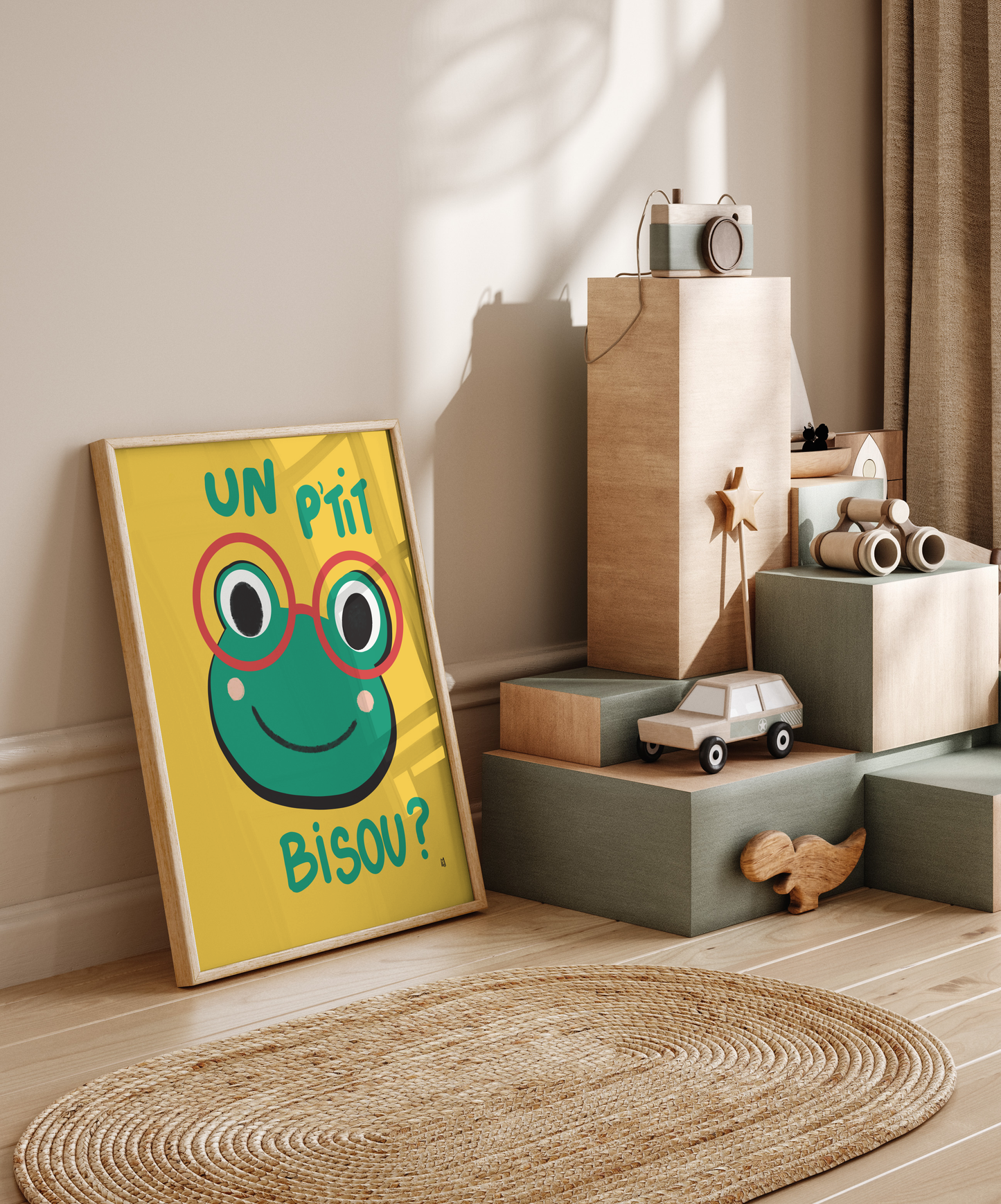 alt="Póster infantil Rana y beso en papel mate grueso – decoración divertida y original para habitación de niños"