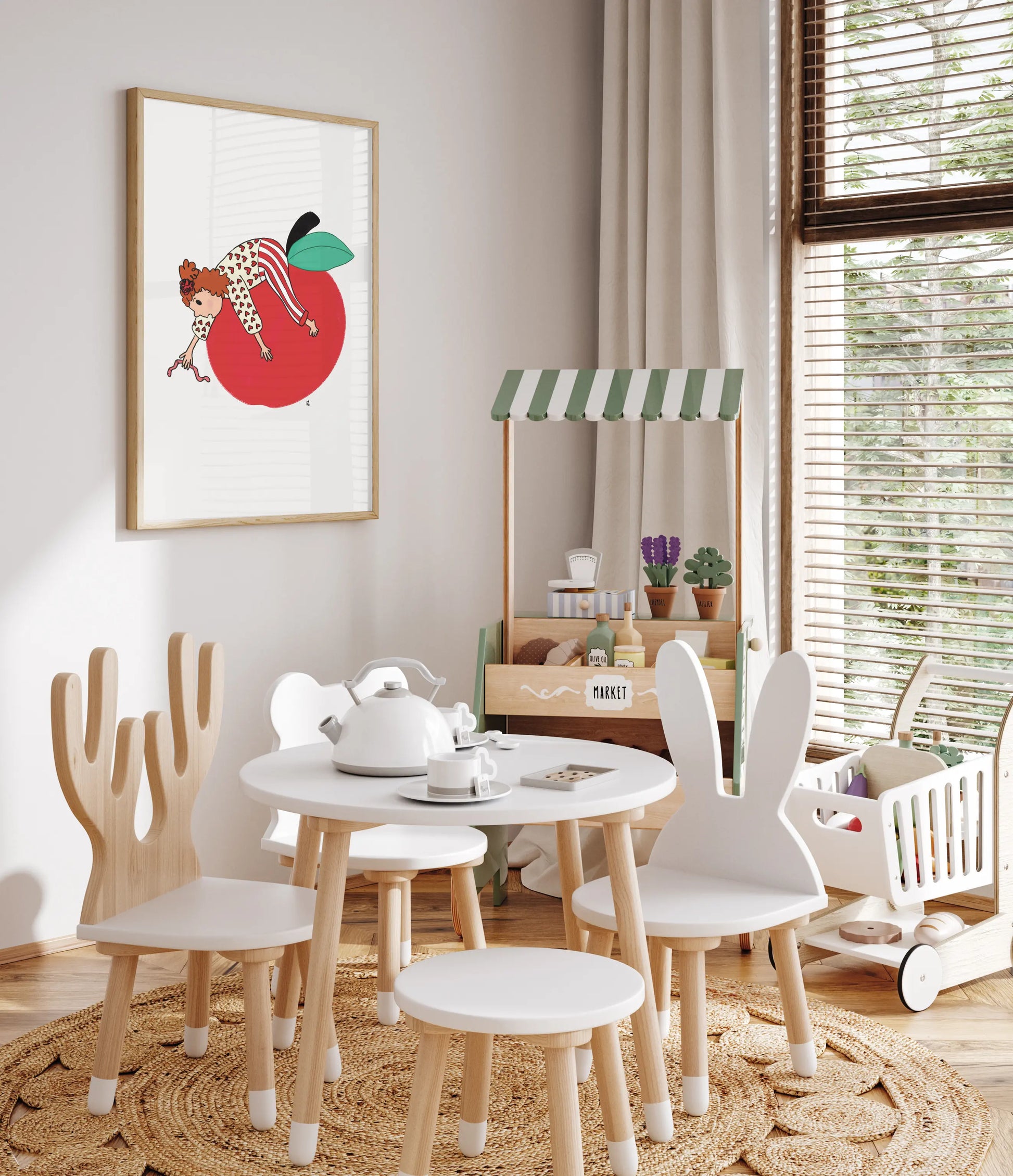 alt= póster infantil the Girl and the Apple - Kago Studio