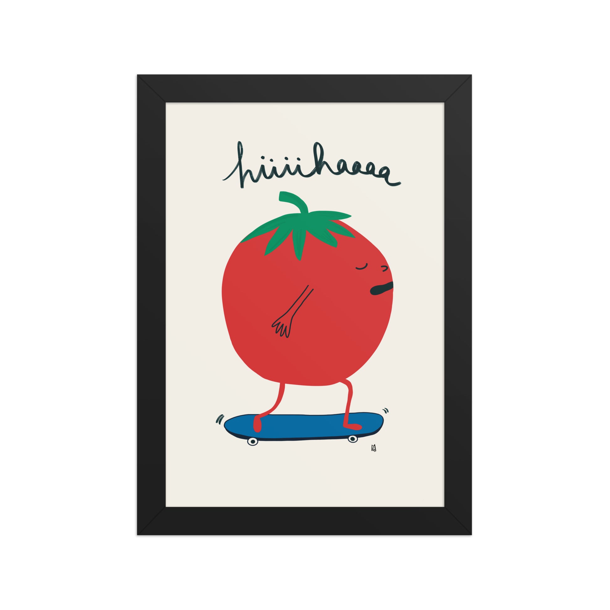 alt="Póster infantil tomate en monopatín sobre papel mate grueso – decoración divertida y original"