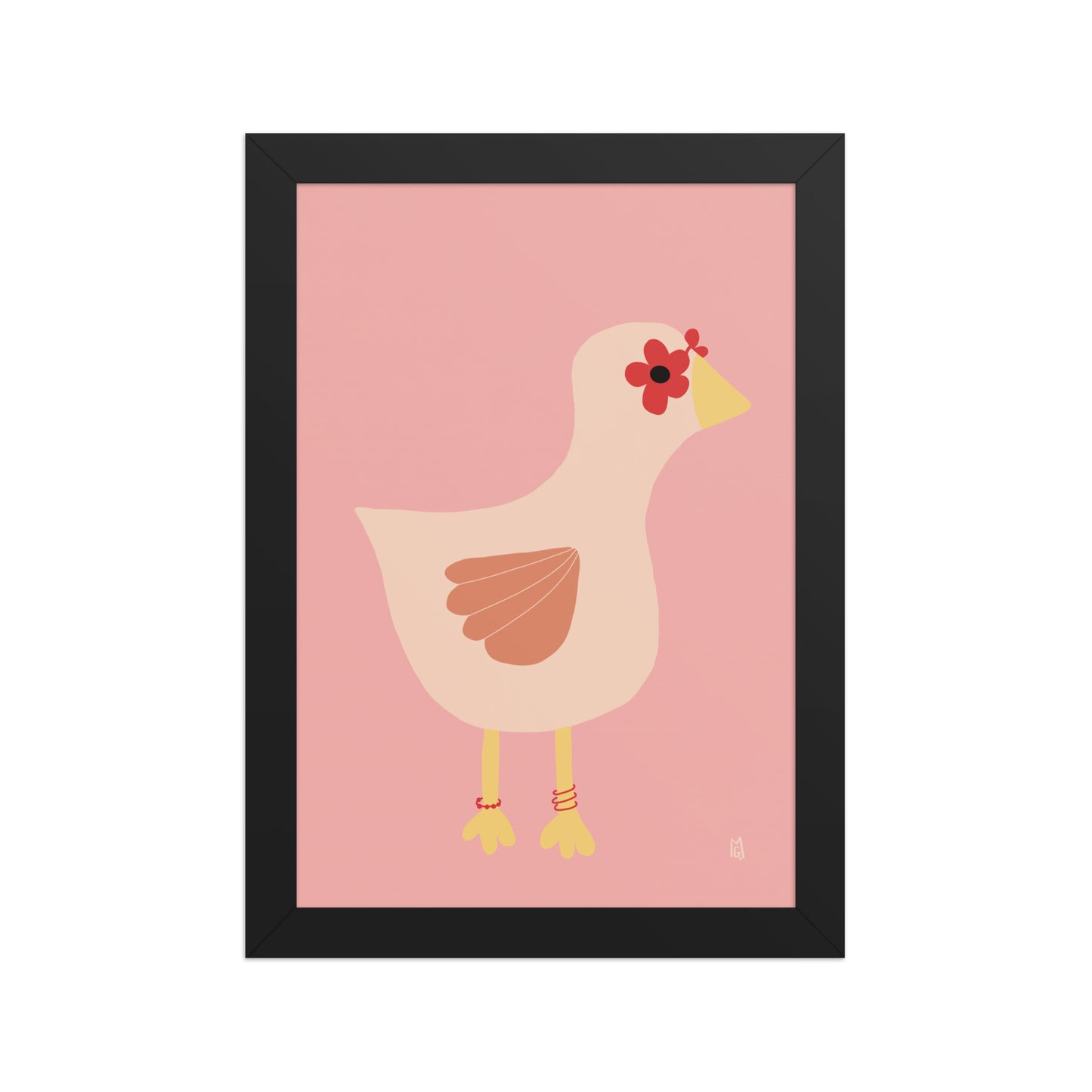 alt="Póster infantil gallina con gafas y flores rojas sobre papel mate grueso – decoración divertida y original"
