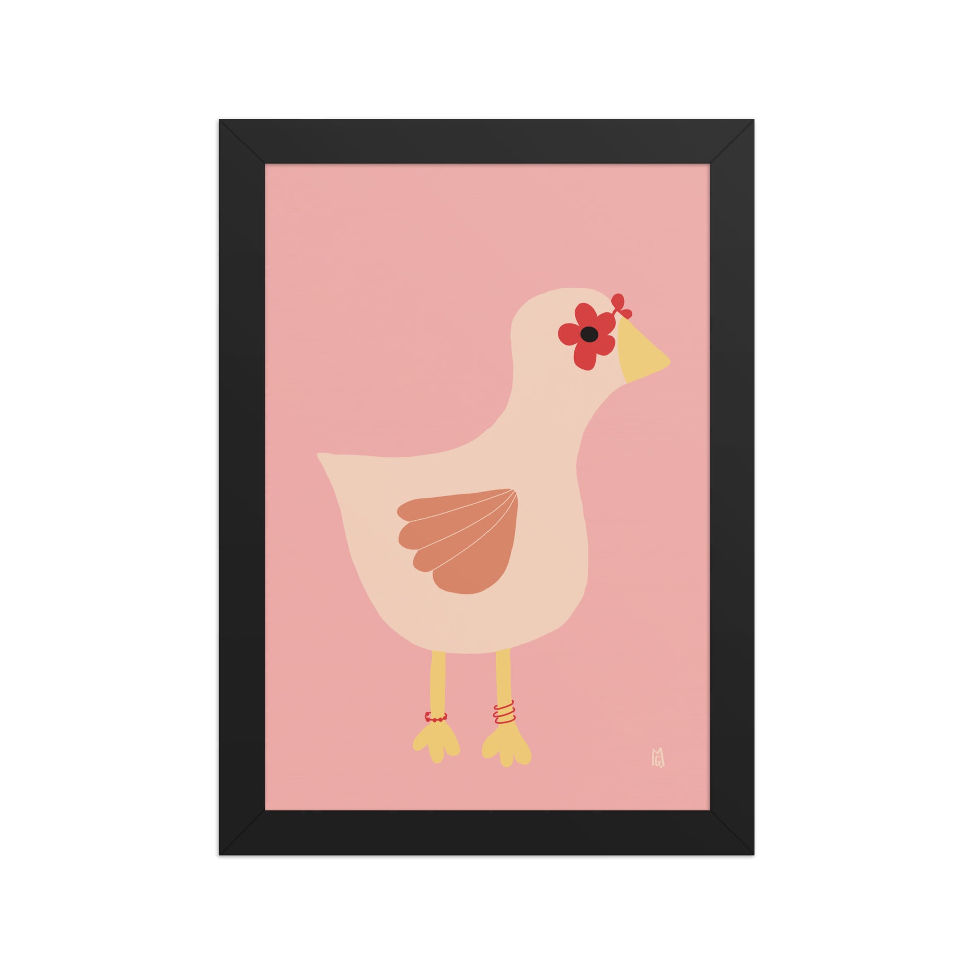 alt="Póster infantil gallina con gafas y flores rojas sobre papel mate grueso – decoración divertida y original"