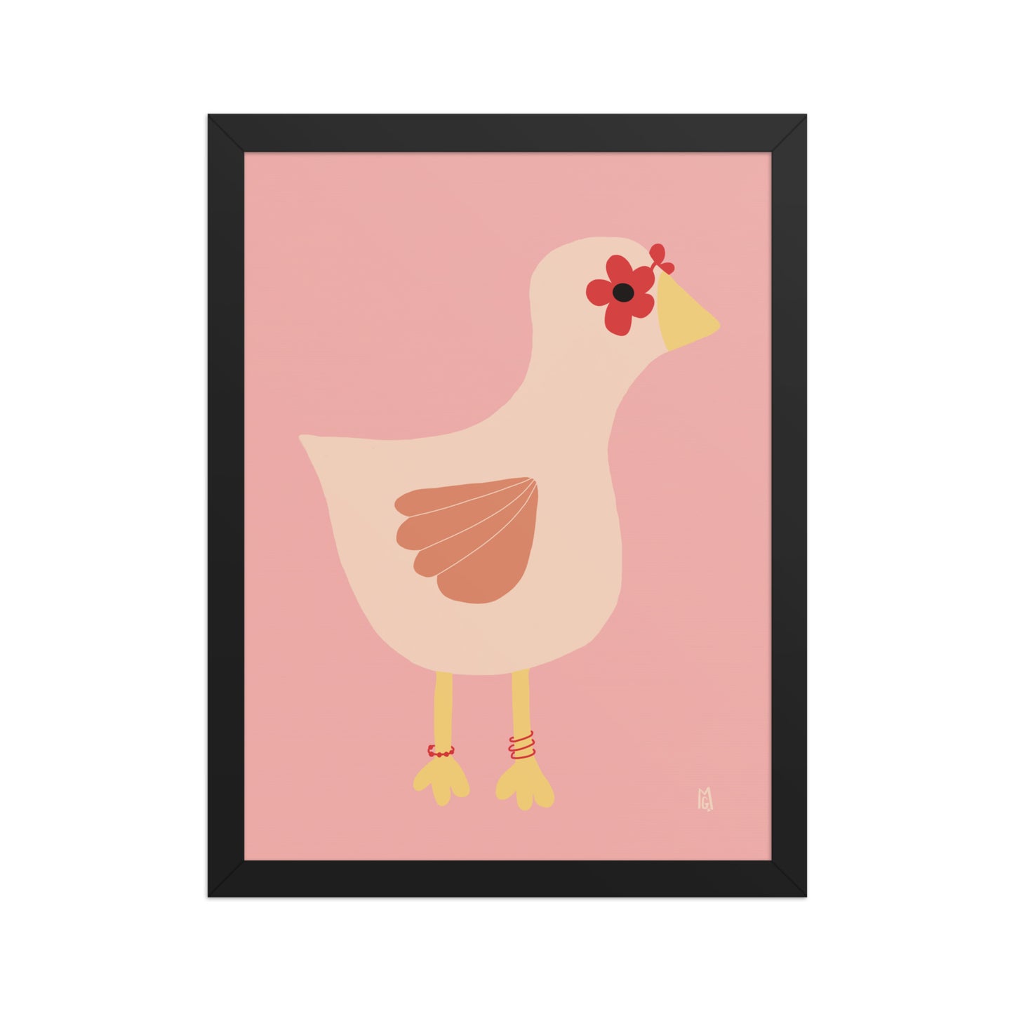 alt="Póster infantil gallina con gafas y flores rojas sobre papel mate grueso – decoración divertida y original"