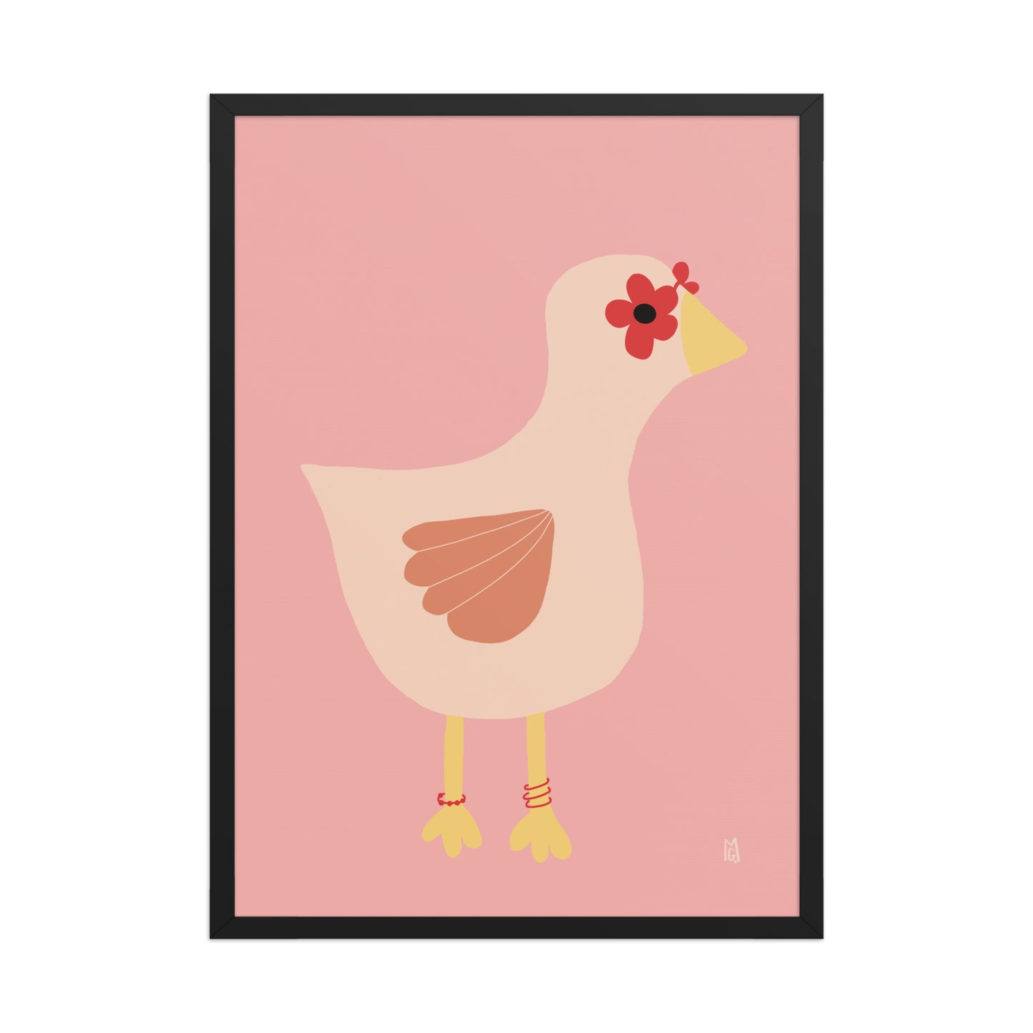Product alt="Póster infantil gallina con gafas y flores rojas sobre papel mate grueso – decoración divertida y original"