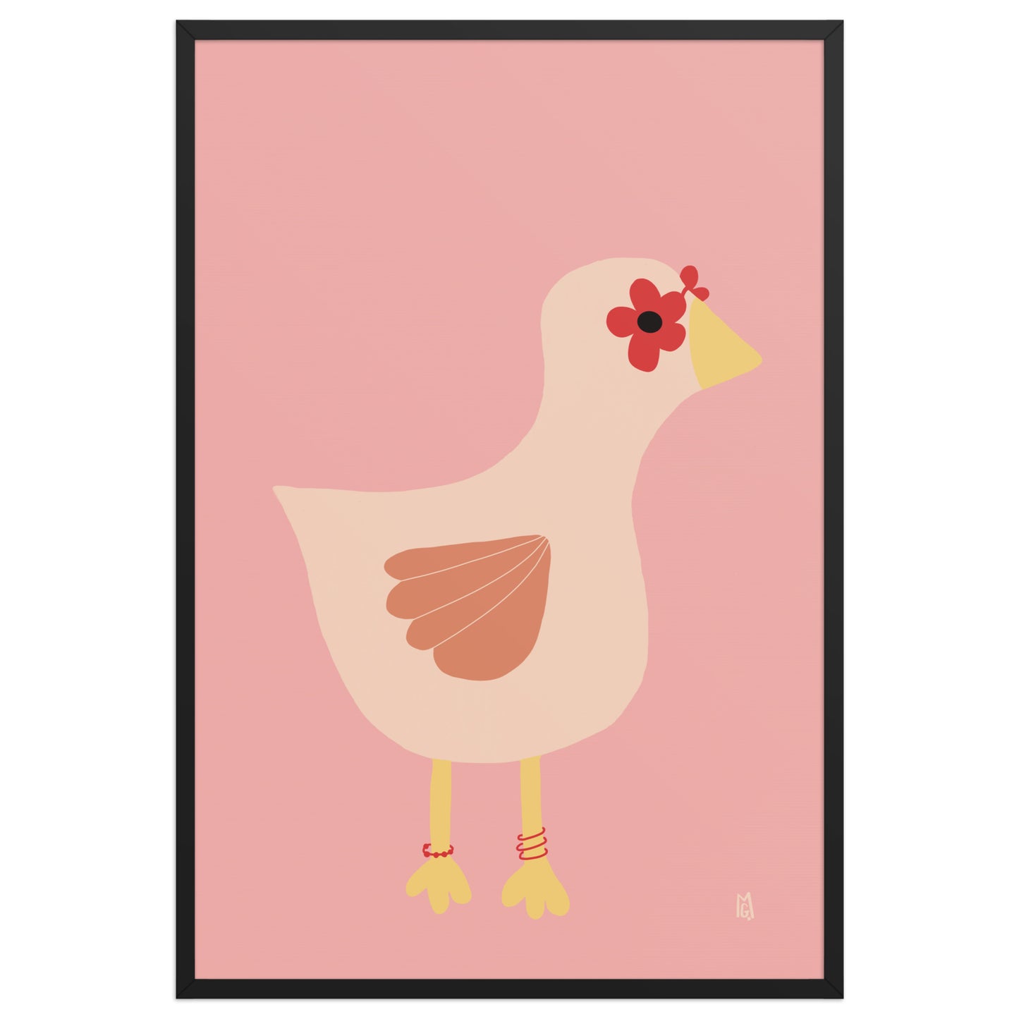 alt="Póster infantil gallina con gafas y flores rojas sobre papel mate grueso – decoración divertida y original"