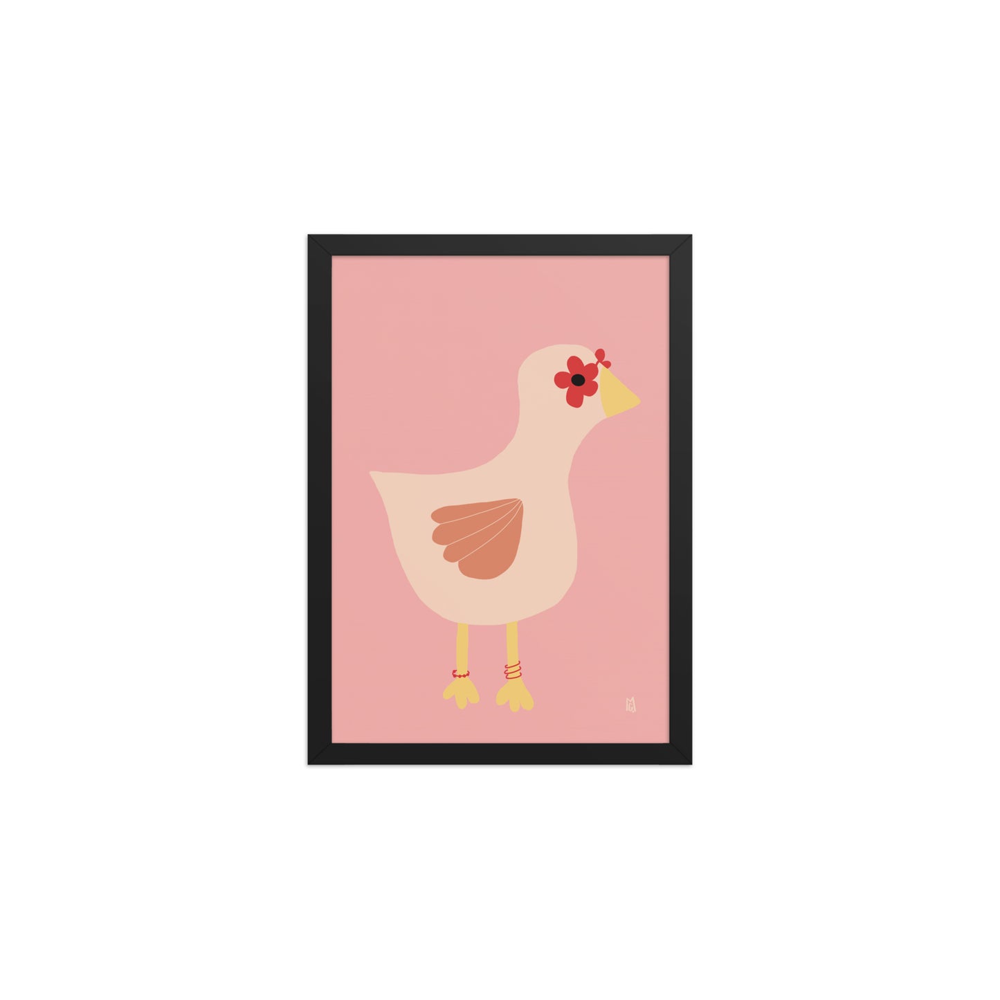alt="Póster infantil gallina con gafas y flores rojas sobre papel mate grueso – decoración divertida y original"