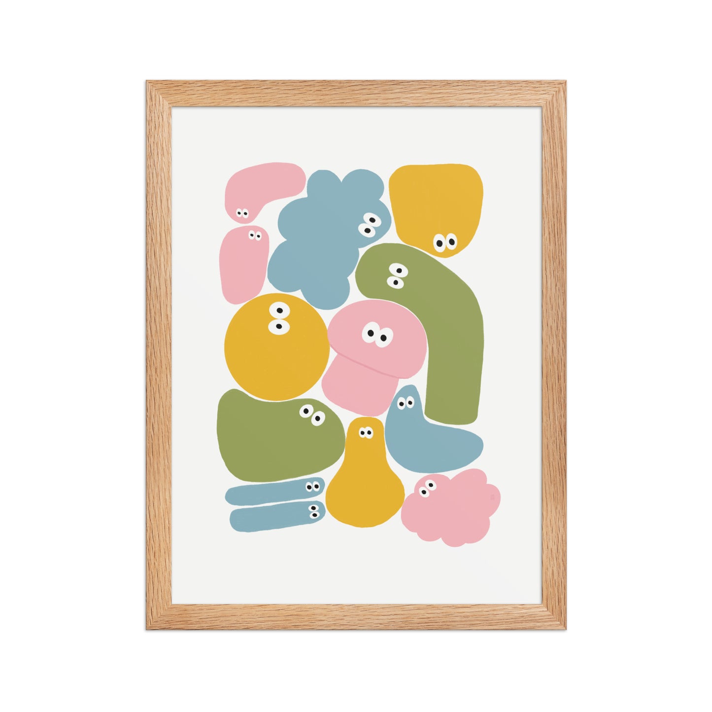 Póster infantil Jojo con marco - edición limitada, diseño colorido de formas con ojos, ideal para decoración infantil.