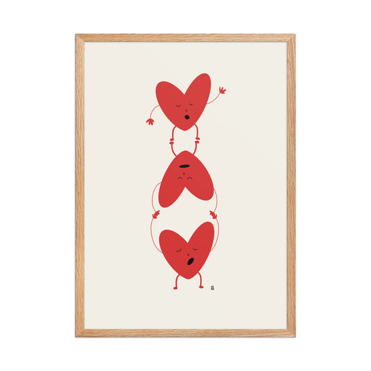 alt="Póster infantil Corazones rebeldes con marco elegante – tres corazones haciendo acrobacias en habitación infantil"