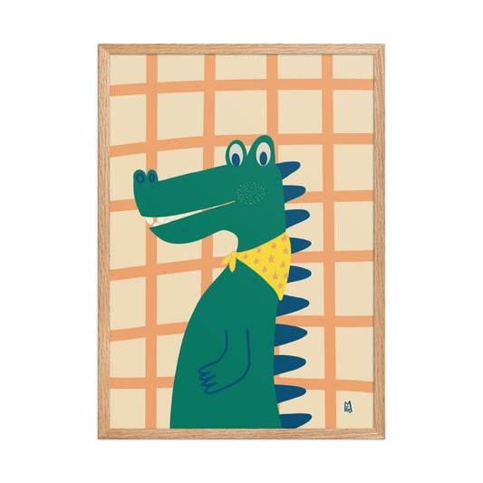 alt="Póster infantil cocodrilo con marco sobre papel mate grueso – decoración adorable para cuarto de niños"