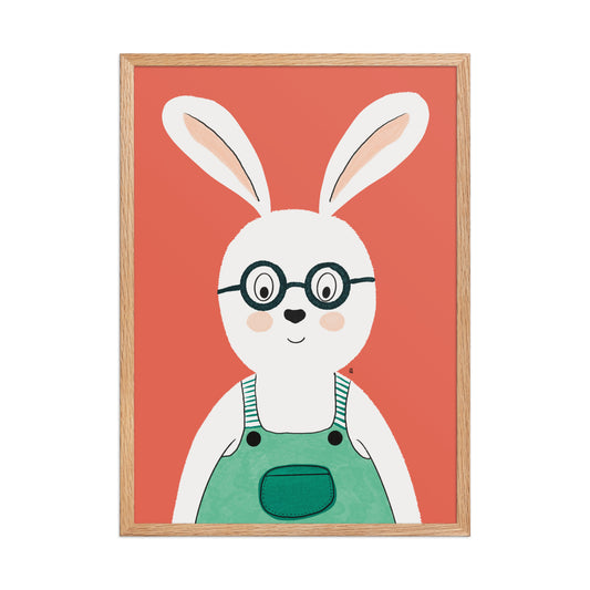 alt="Póster infantil conejo con salopeta y gafas sobre papel mate grueso – decoración adorable para cuarto de niños"