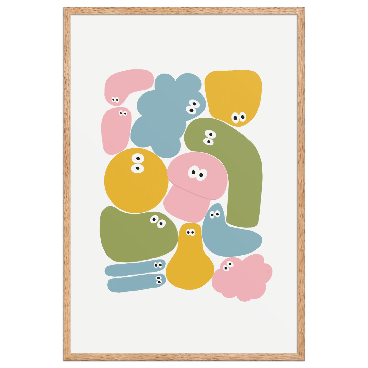 Póster infantil Jojo con marco - edición limitada, diseño colorido con formas divertidas y ojos, ideal para habitaciones infantiles.