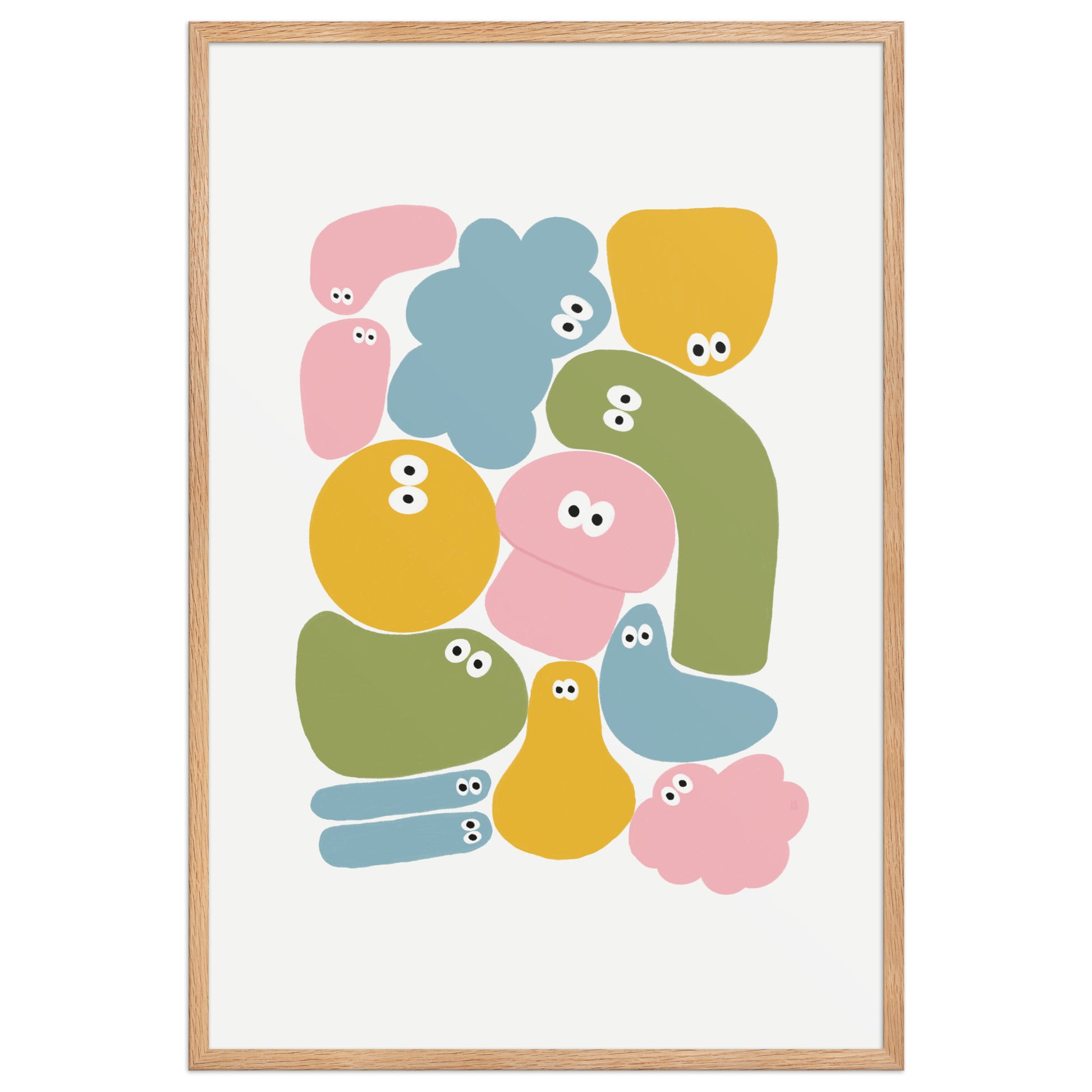 Póster infantil Jojo con marco - edición limitada, diseño colorido con formas divertidas y ojos, ideal para habitaciones infantiles.