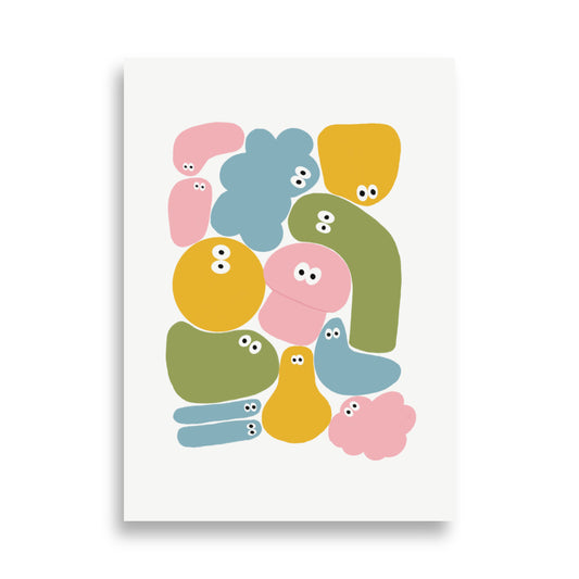 Póster infantil Jojo - edición limitada con formas coloridas y sonrientes para decoración infantil.