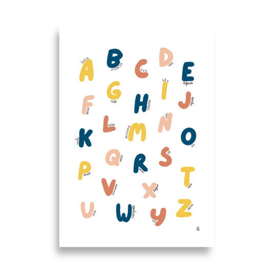 alt="Póster infantil Abecedario en papel mate grueso – decoración divertida y original para habitación de niños"