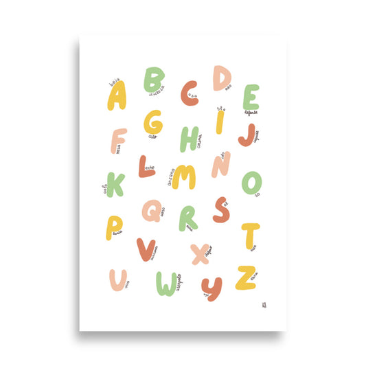 alt="Póster infantil Abecedario en papel mate grueso – decoración divertida y original para habitación de niños"
