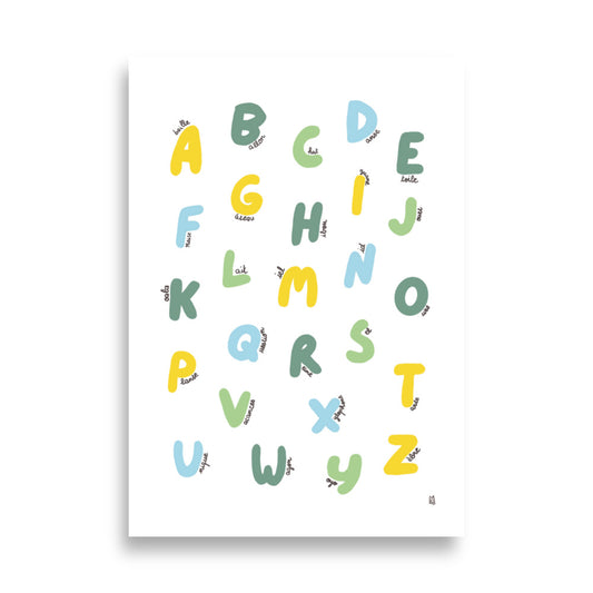 alt="Póster infantil Abecedario en papel mate grueso – decoración divertida y original para habitación de niños"