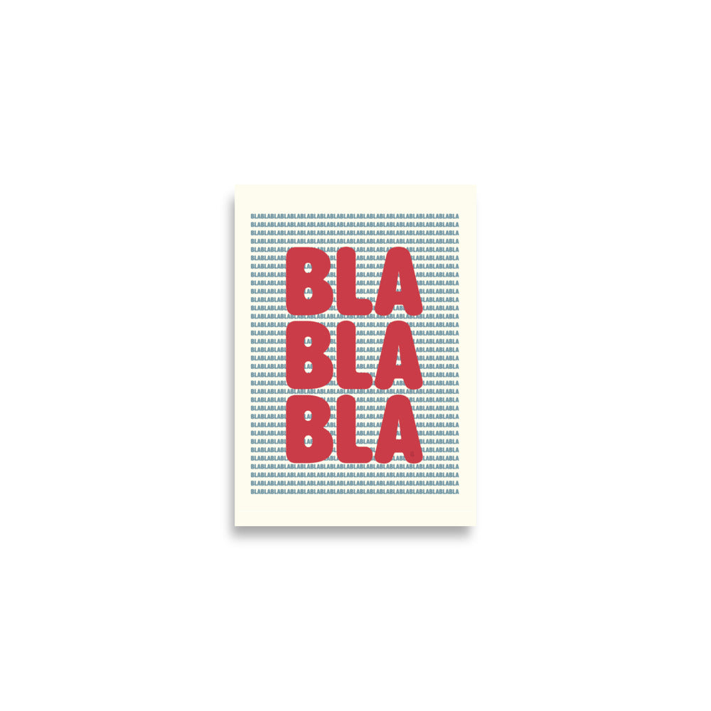 Póster infantil Blablabla con letras coloridas sobre fondo azul para decoración infantil.